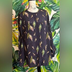 Talbots 14 Dark Grey Washable Silk Feather Print Office Work Teacher Button Top